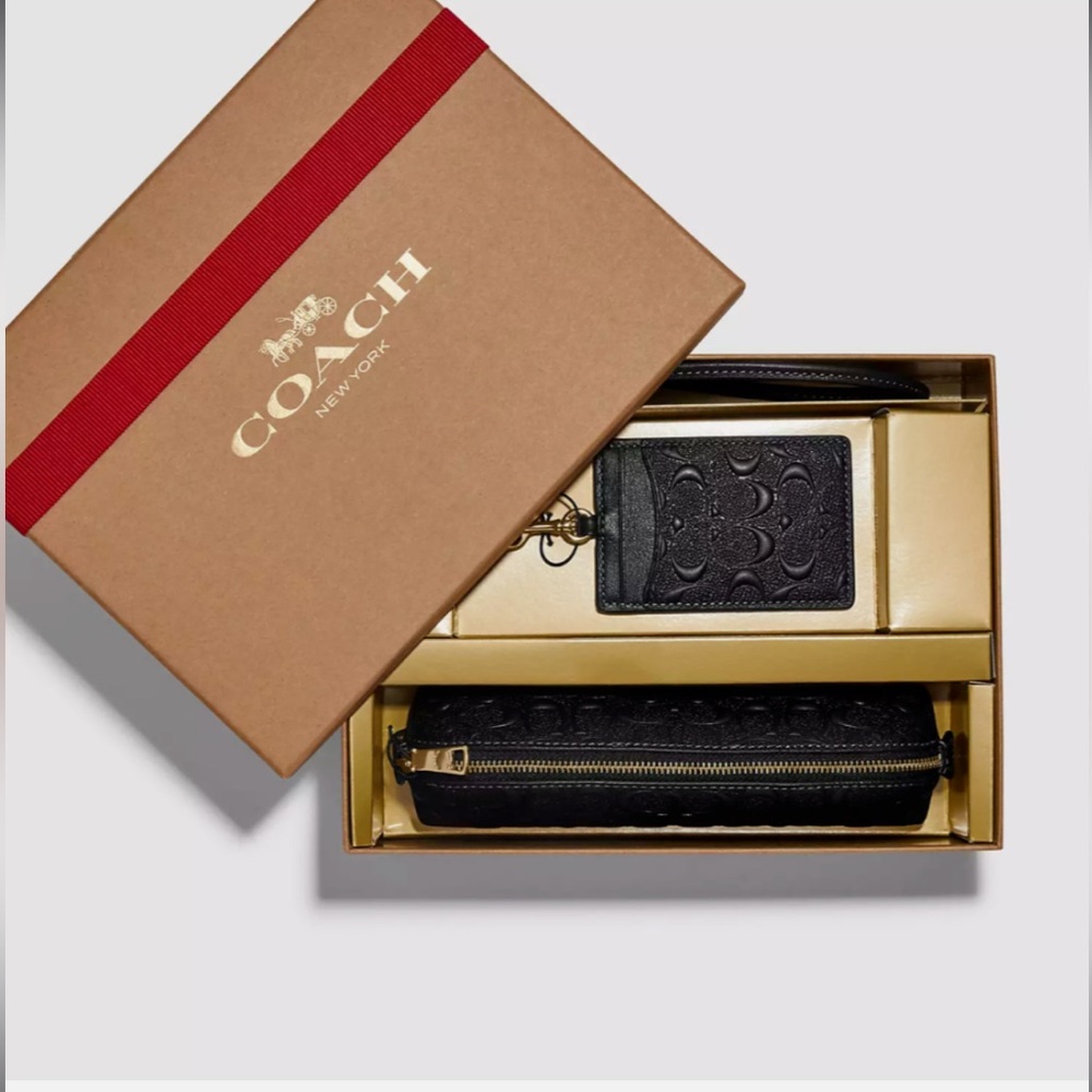 Coach Boxed Pencil Case And Id Lanyard Set In Signature Leather